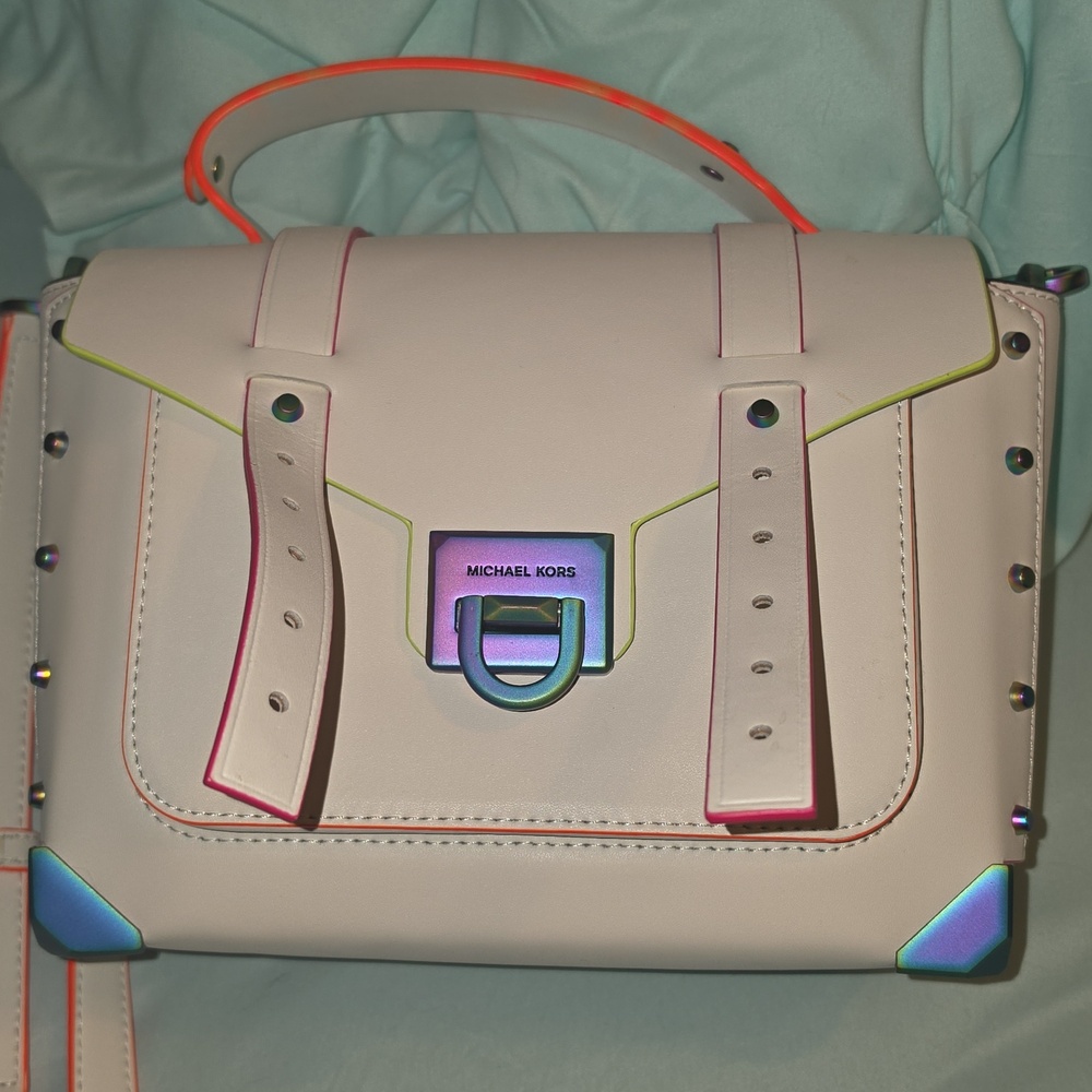 Michael Kors Cream Satchel with Neon Orange & Pink Trim